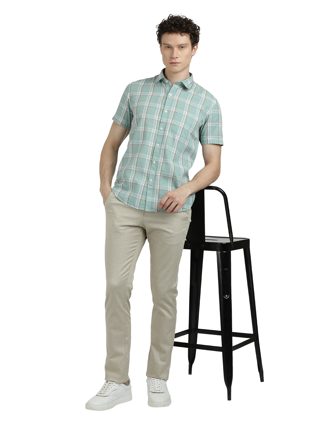 Model wearing Clarke Gable's Sea Blue With White Checked Semi Casual Shirt in a casual setting