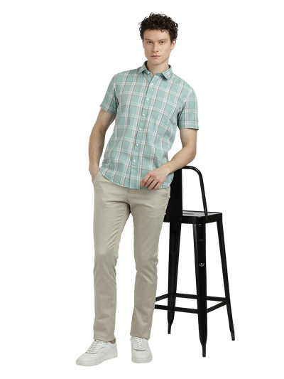 Model wearing Clarke Gable's Sea Blue With White Checked Semi Casual Shirt in a casual setting