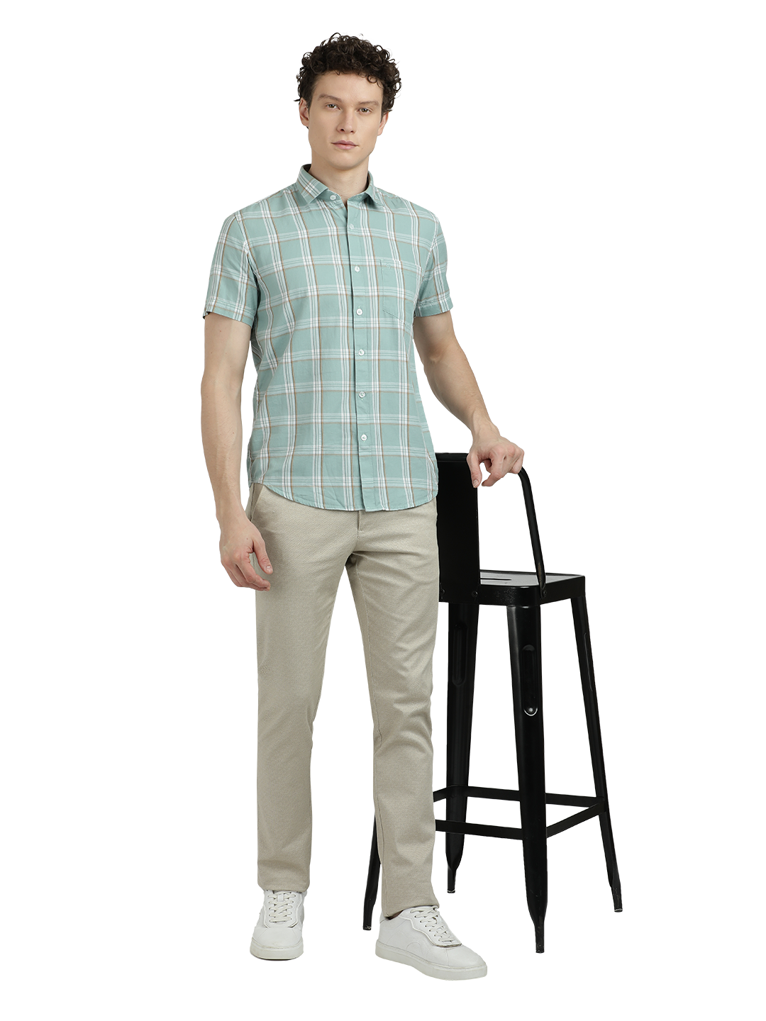 Model wearing Clarke Gable's Sea Blue With White Checked Semi Casual Shirt in a casual setting