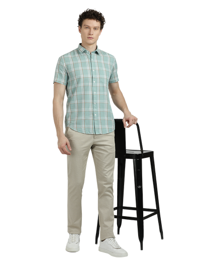 Model wearing Clarke Gable's Sea Blue With White Checked Semi Casual Shirt in a casual setting