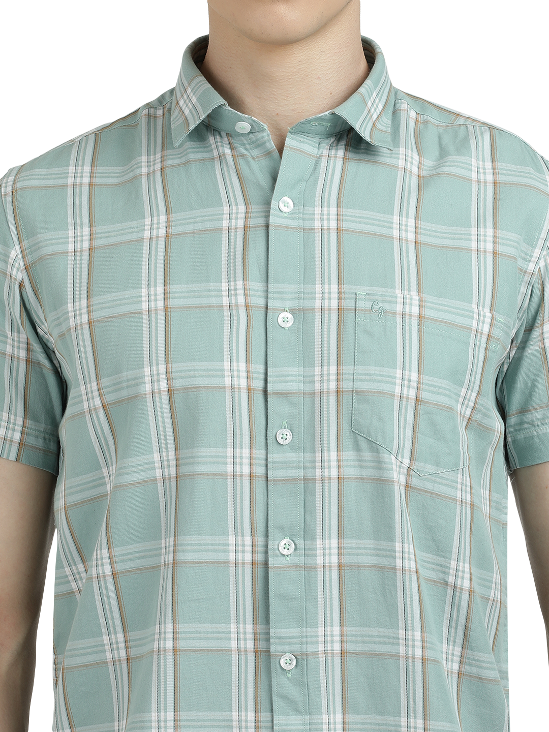 Model wearing Clarke Gable's Sea Blue With White Checked Semi Casual Shirt in a casual setting