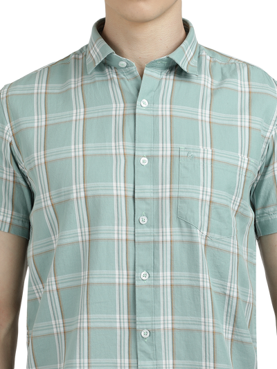 Model wearing Clarke Gable's Sea Blue With White Checked Semi Casual Shirt in a casual setting