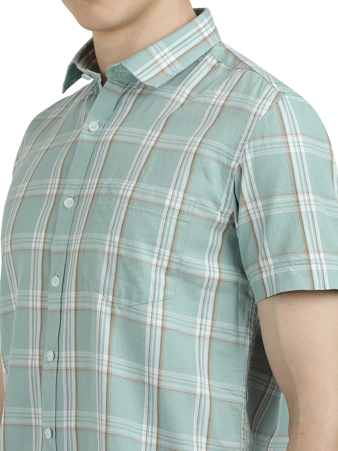 Model wearing Clarke Gable's Sea Blue With White Checked Semi Casual Shirt in a casual setting