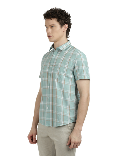 Model wearing Clarke Gable's Sea Blue With White Checked Semi Casual Shirt in a casual setting