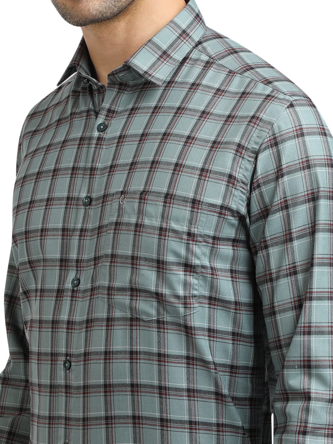 Model wearing Clarke Gable's Sea Green With Maroon Checked Formal Shirt in a casual setting