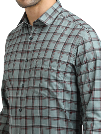 Model wearing Clarke Gable's Sea Green With Maroon Checked Formal Shirt in a casual setting