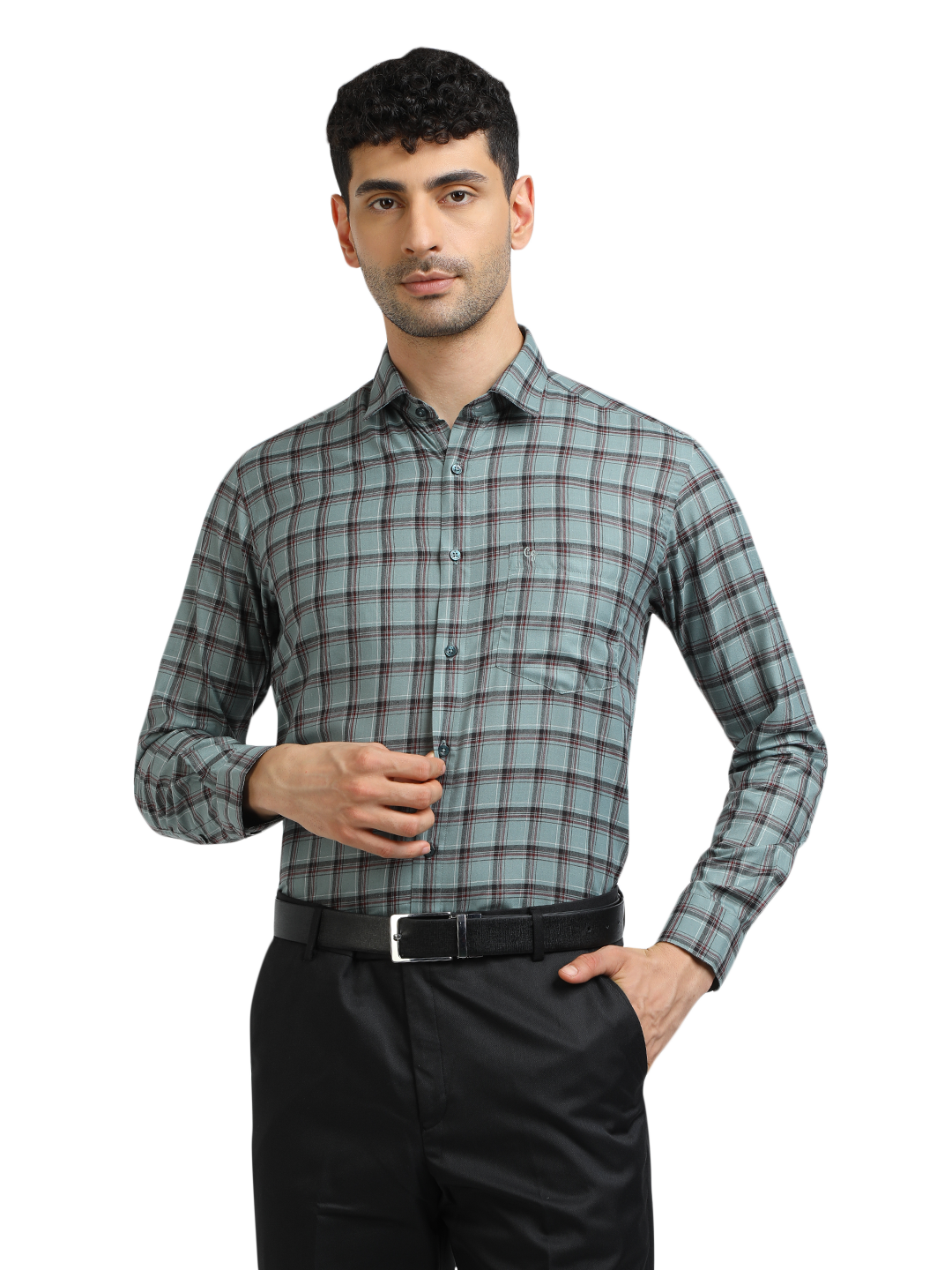 Model wearing Clarke Gable's Sea Green With Maroon Checked Formal Shirt in a casual setting