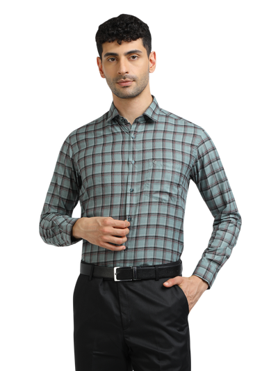 Model wearing Clarke Gable's Sea Green With Maroon Checked Formal Shirt in a casual setting