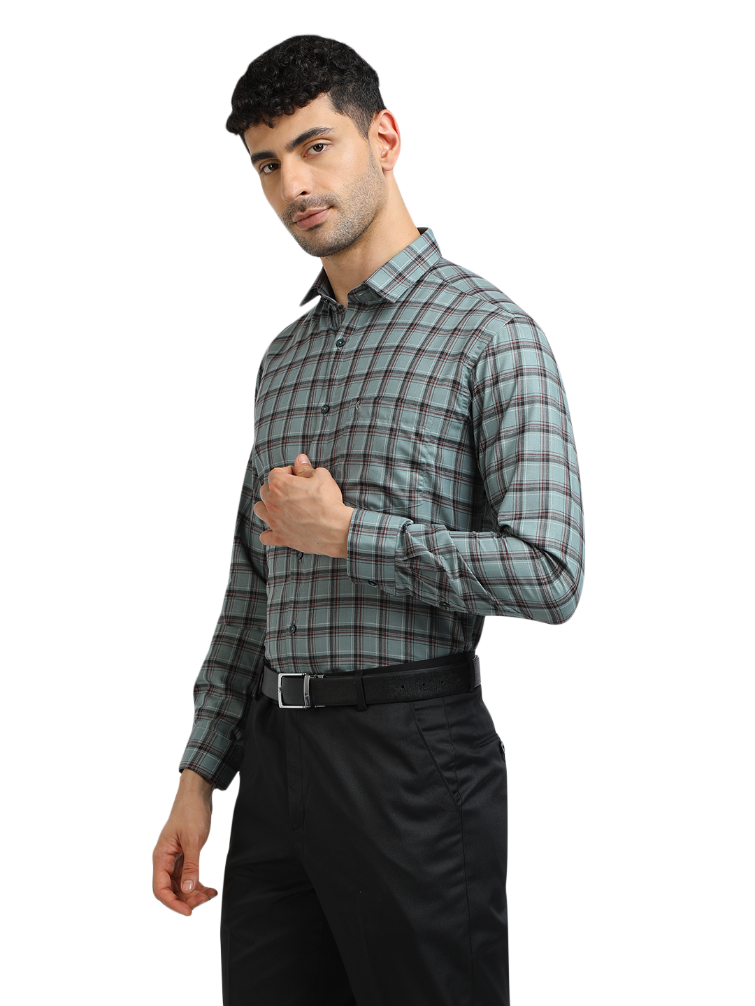 Model wearing Clarke Gable's Sea Green With Maroon Checked Formal Shirt in a casual setting