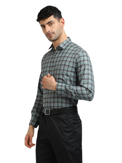 Model wearing Clarke Gable's Sea Green With Maroon Checked Formal Shirt in a casual setting