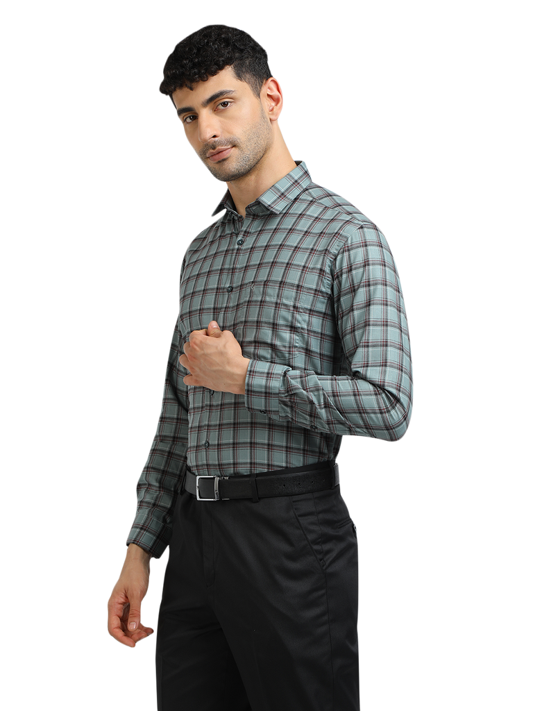 Model wearing Clarke Gable's Sea Green With Maroon Checked Formal Shirt in a casual setting