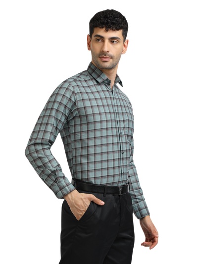 Model wearing Clarke Gable's Sea Green With Maroon Checked Formal Shirt in a casual setting