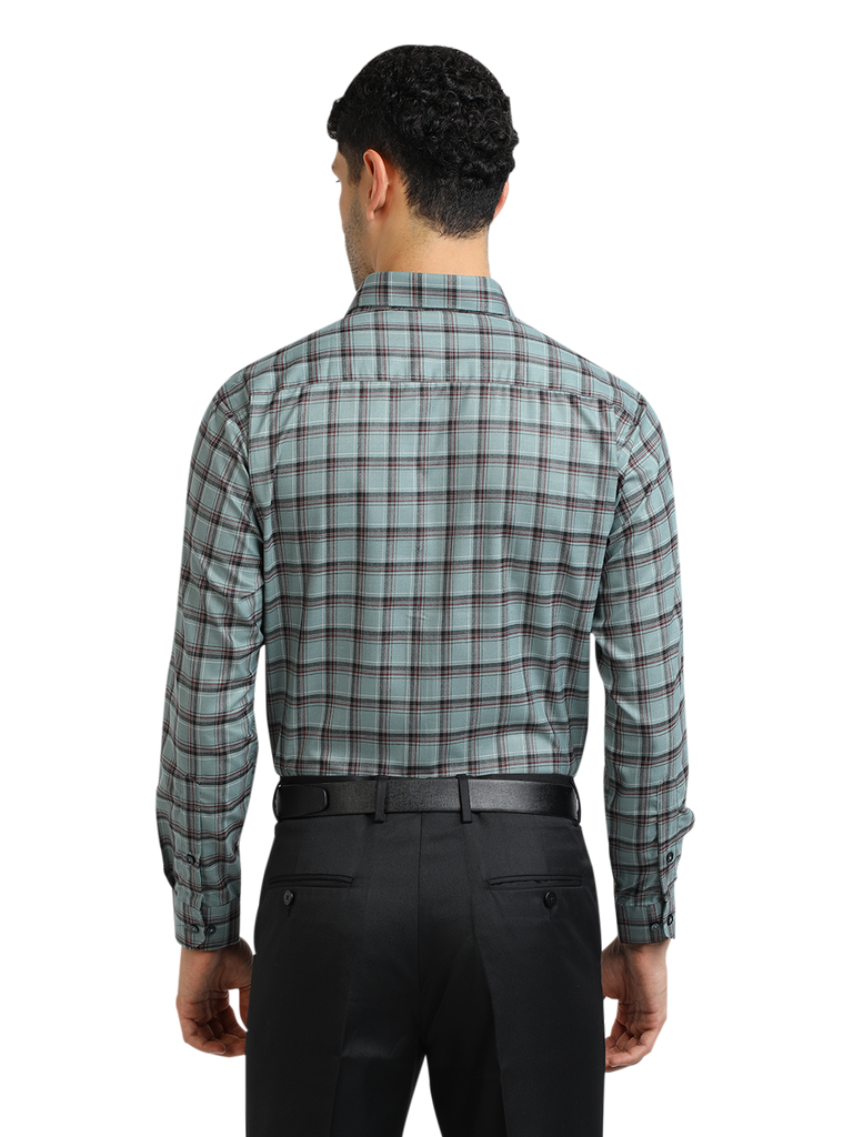 Model wearing Clarke Gable's Sea Green With Maroon Checked Formal Shirt in a casual setting