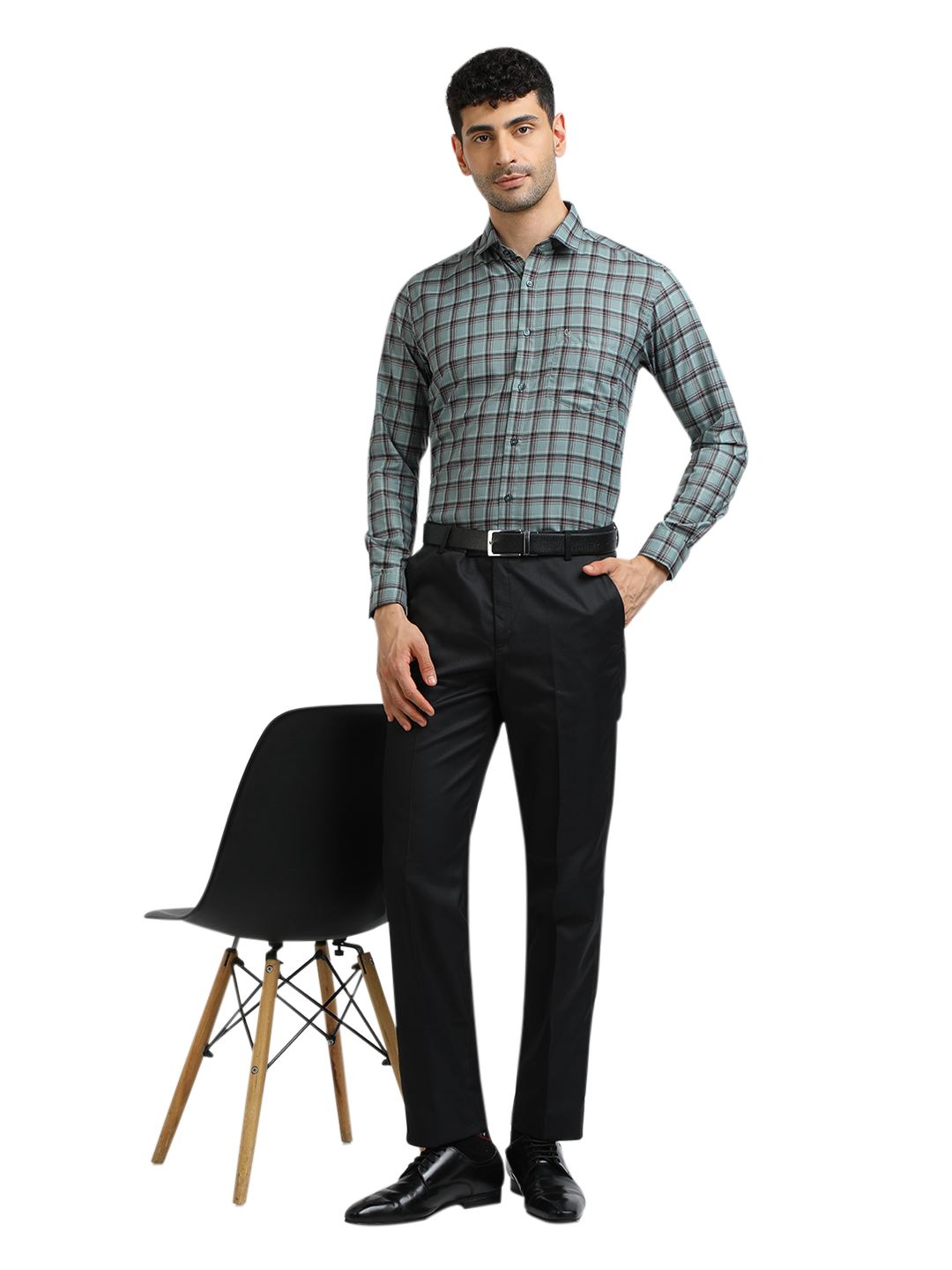 Model wearing Clarke Gable's Sea Green With Maroon Checked Formal Shirt in a casual setting