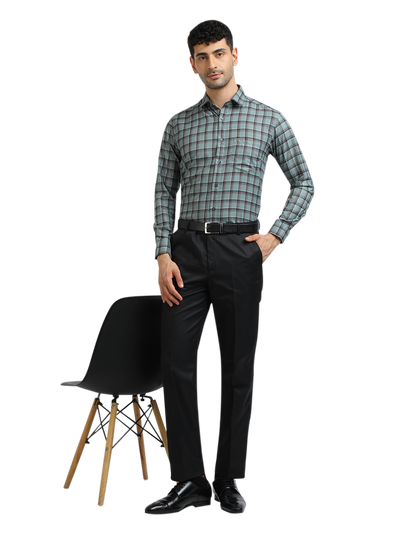 Model wearing Clarke Gable's Sea Green With Maroon Checked Formal Shirt in a casual setting