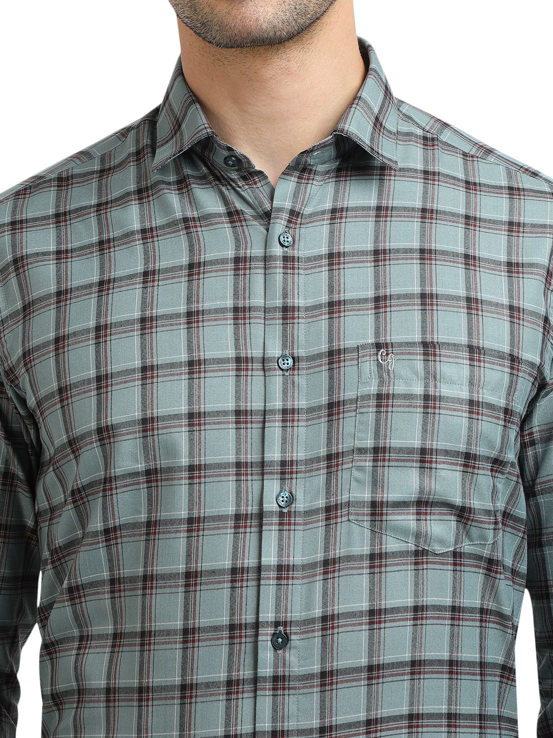 Model wearing Clarke Gable's Sea Green With Maroon Checked Formal Shirt in a casual setting