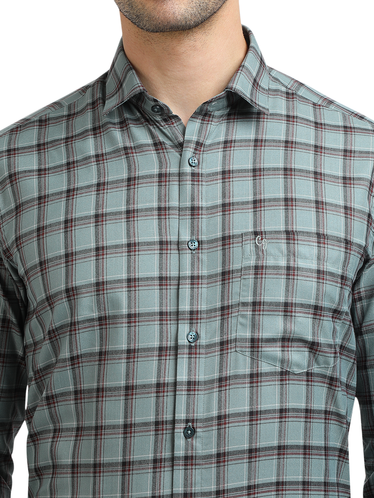 Model wearing Clarke Gable's Sea Green With Maroon Checked Formal Shirt in a casual setting