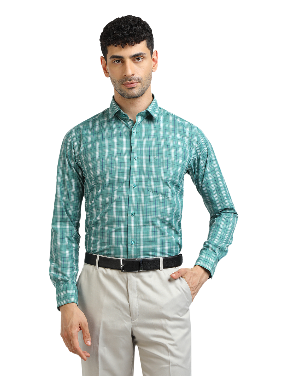 Model wearing Clarke Gable's Sea Green With White Checked Formal Shirt in a casual setting