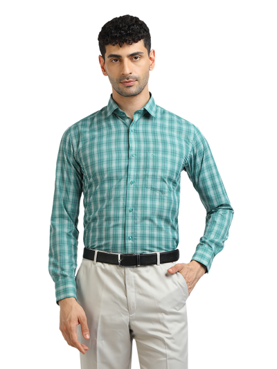 Model wearing Clarke Gable's Sea Green With White Checked Formal Shirt in a casual setting