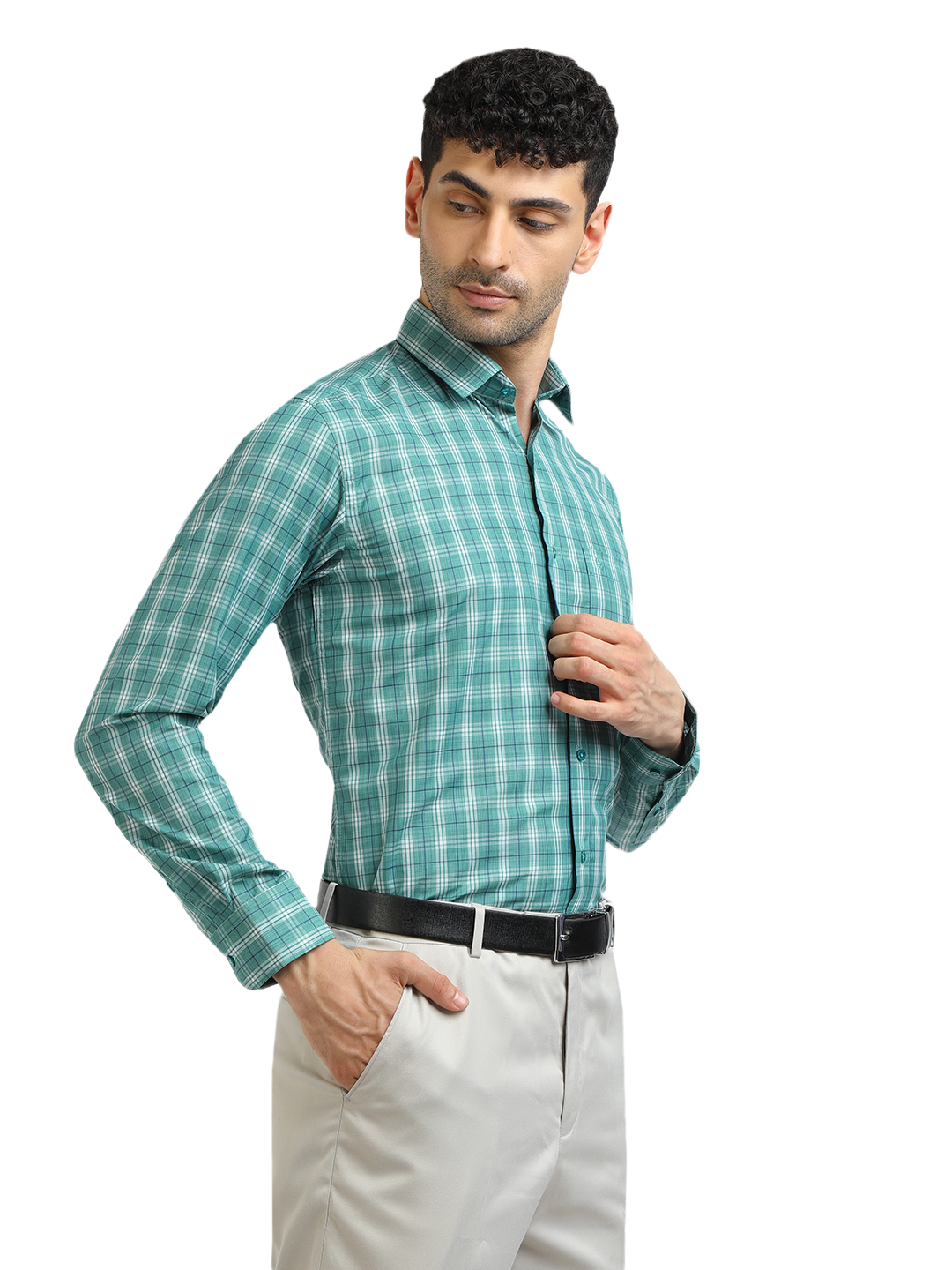 Model wearing Clarke Gable's Sea Green With White Checked Formal Shirt in a casual setting