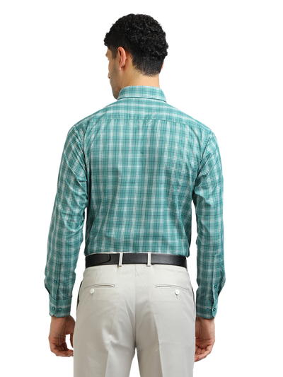 Model wearing Clarke Gable's Sea Green With White Checked Formal Shirt in a casual setting