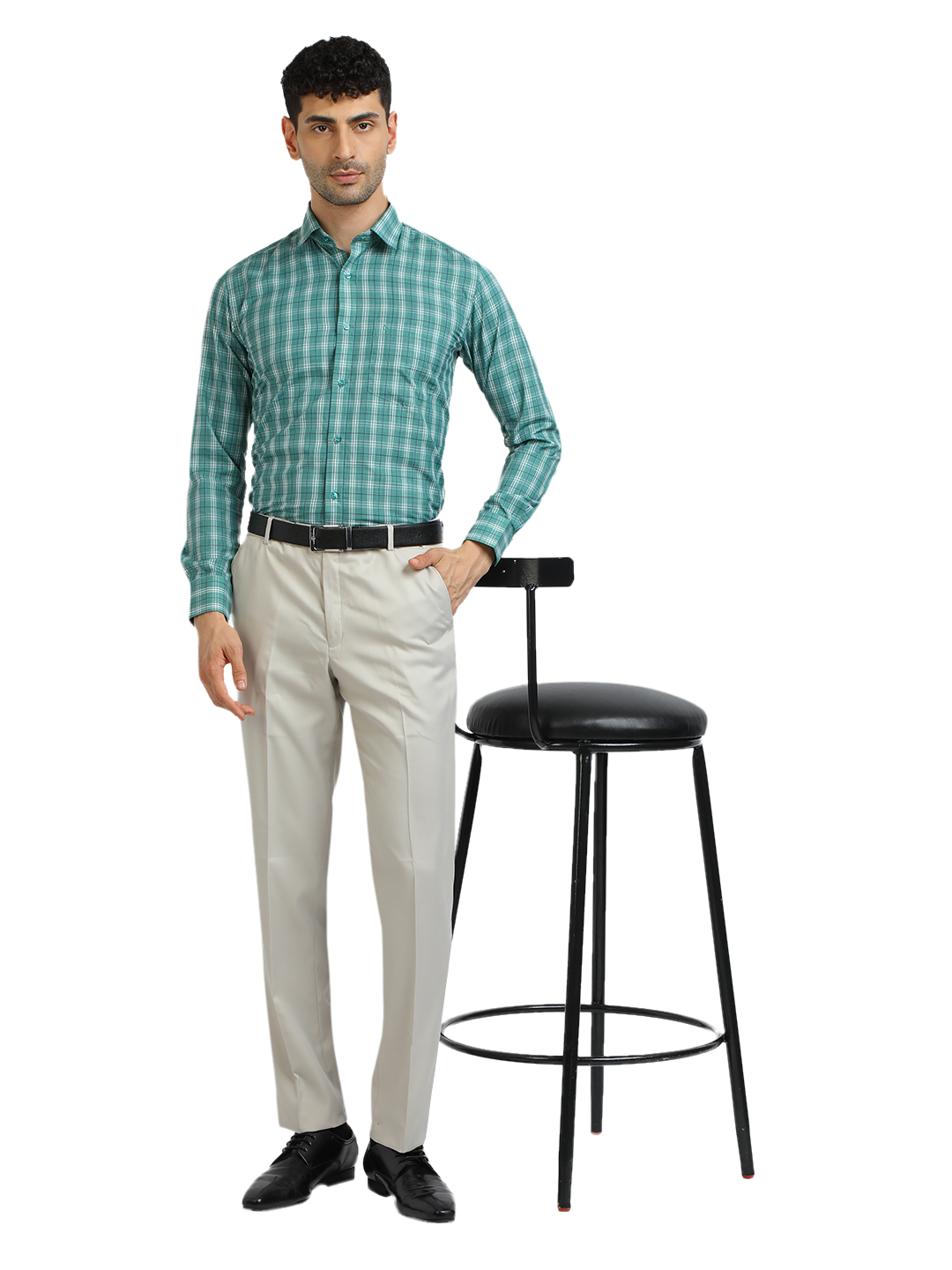 Model wearing Clarke Gable's Sea Green With White Checked Formal Shirt in a casual setting