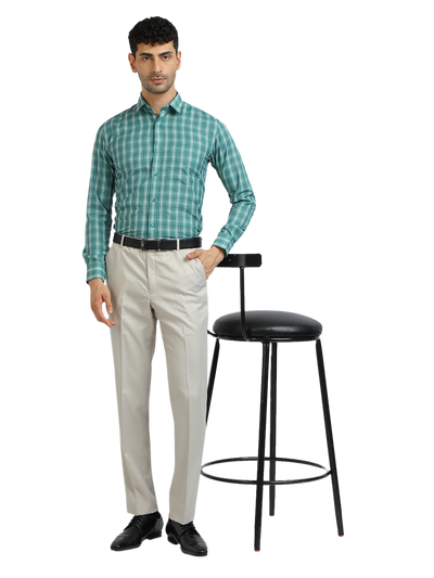 Model wearing Clarke Gable's Sea Green With White Checked Formal Shirt in a casual setting