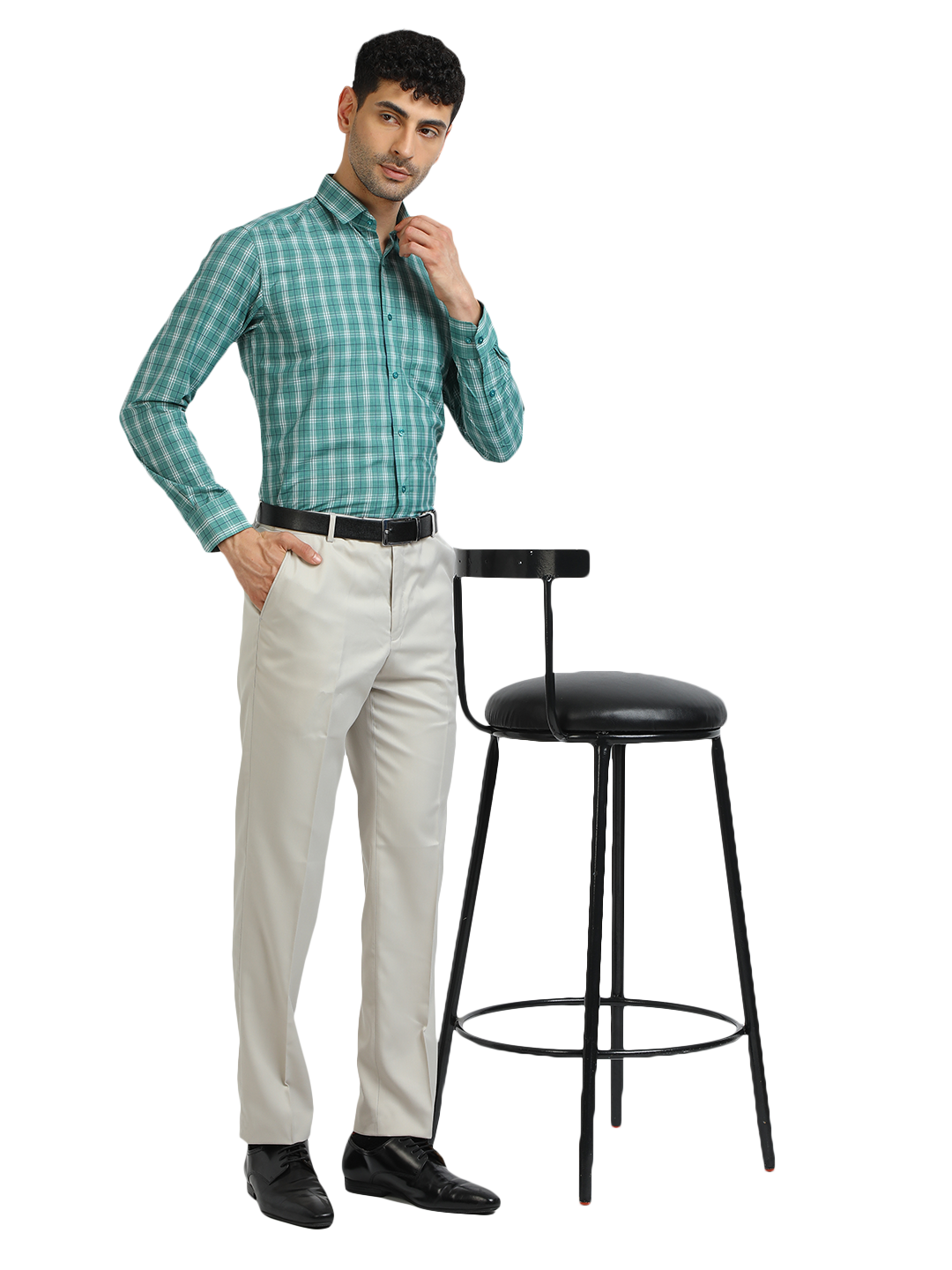 Model wearing Clarke Gable's Sea Green With White Checked Formal Shirt in a casual setting