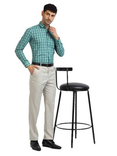 Model wearing Clarke Gable's Sea Green With White Checked Formal Shirt in a casual setting