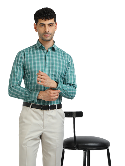 Model wearing Clarke Gable's Sea Green With White Checked Formal Shirt in a casual setting