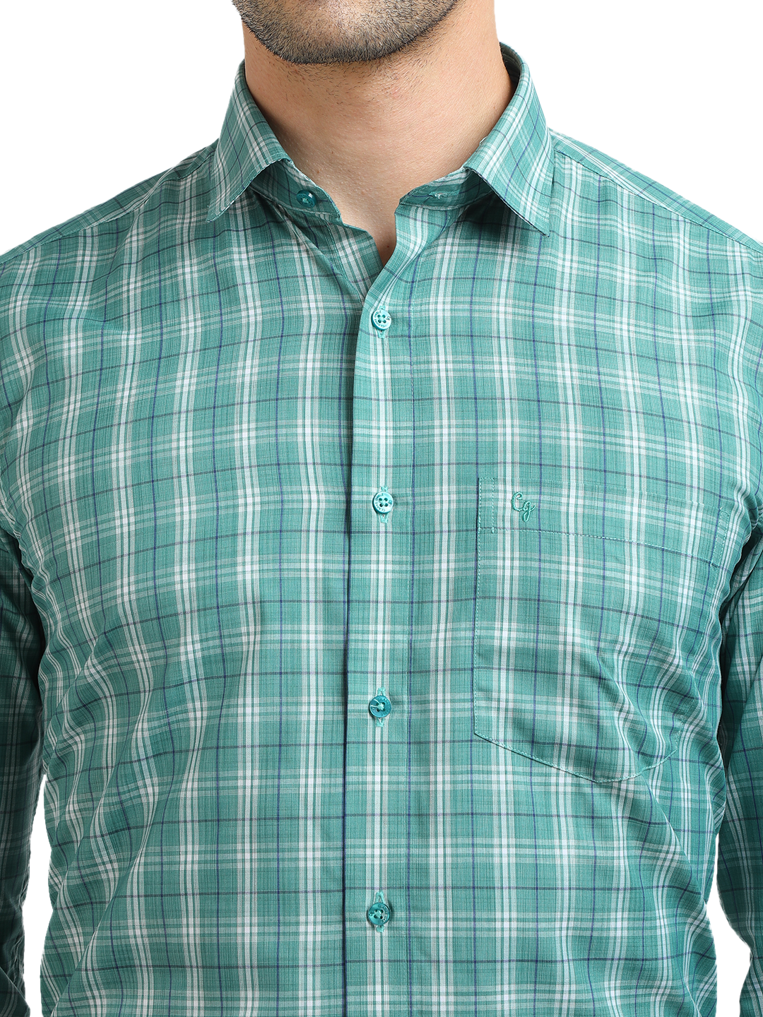 Model wearing Clarke Gable's Sea Green With White Checked Formal Shirt in a casual setting