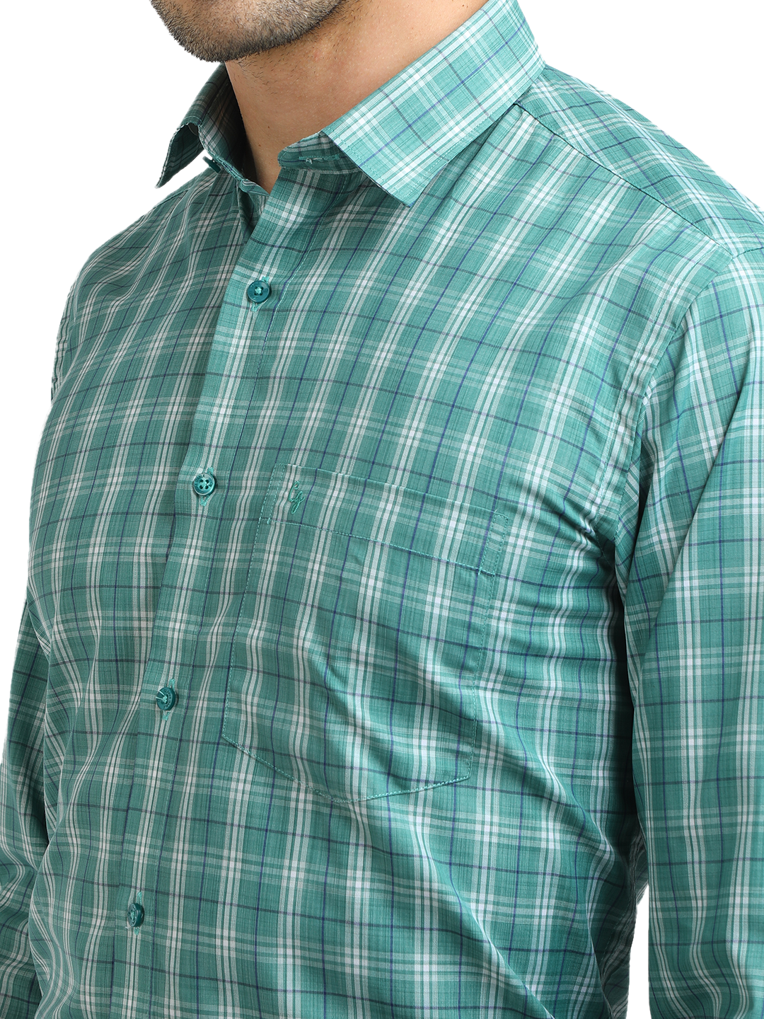 Model wearing Clarke Gable's Sea Green With White Checked Formal Shirt in a casual setting