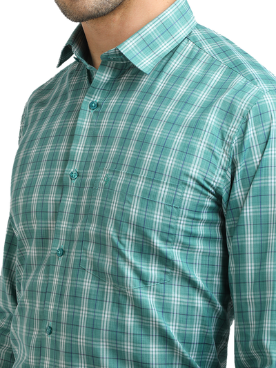 Model wearing Clarke Gable's Sea Green With White Checked Formal Shirt in a casual setting