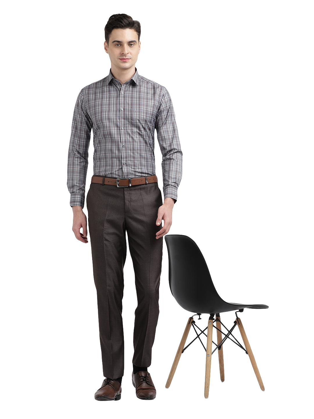 Model wearing Clarke Gable's Silver Grey Checked Formal Shirt in a casual setting