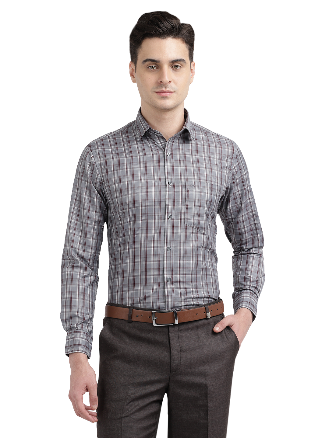 Model wearing Clarke Gable's Silver Grey Checked Formal Shirt in a casual setting