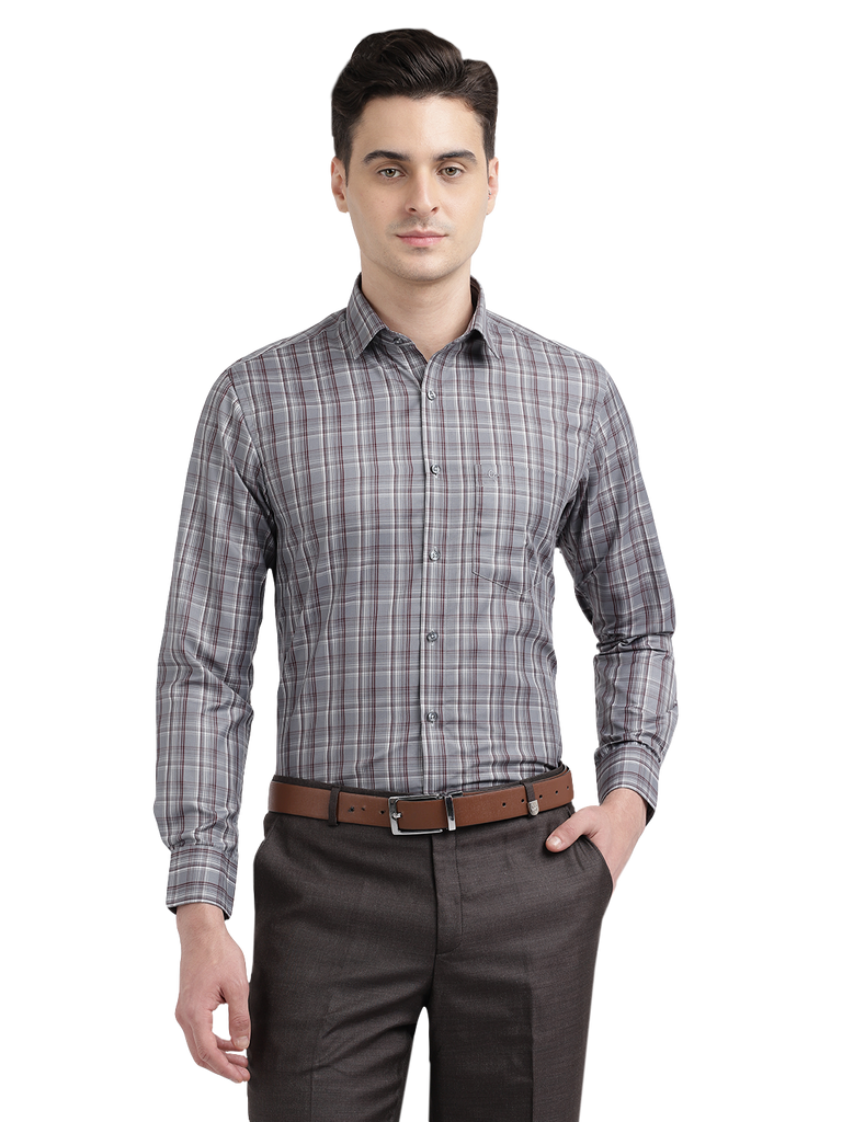 Model wearing Clarke Gable's Silver Grey Checked Formal Shirt in a casual setting