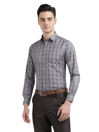 Model wearing Clarke Gable's Silver Grey Checked Formal Shirt in a casual setting