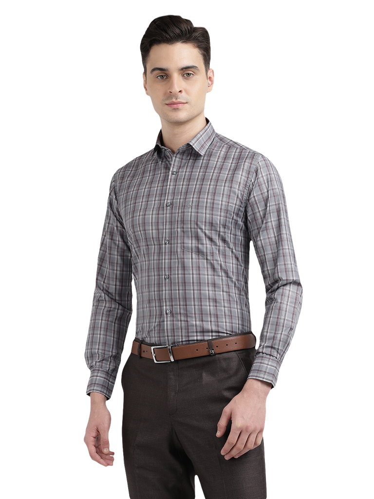 Model wearing Clarke Gable's Silver Grey Checked Formal Shirt in a casual setting