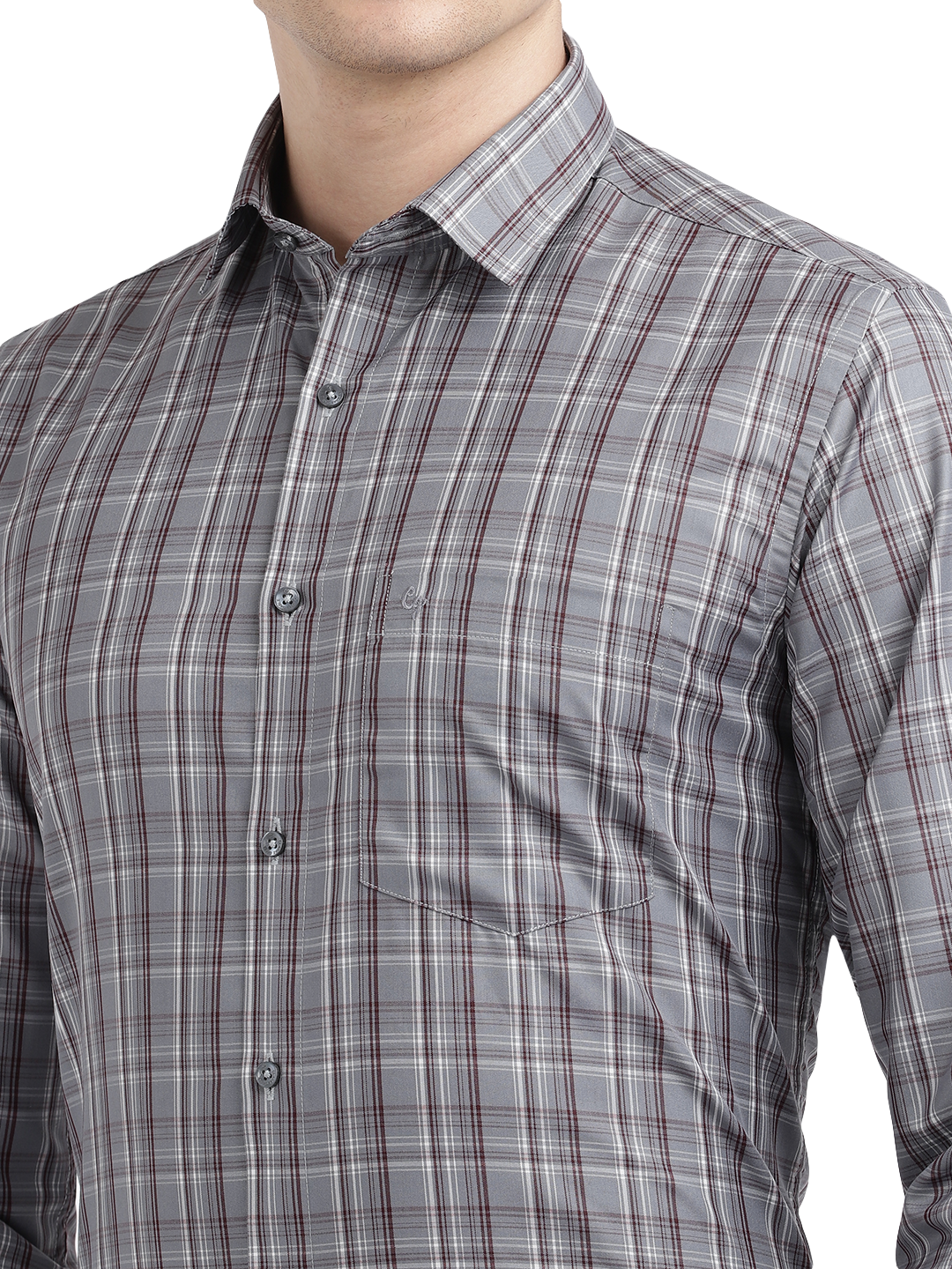 Model wearing Clarke Gable's Silver Grey Checked Formal Shirt in a casual setting