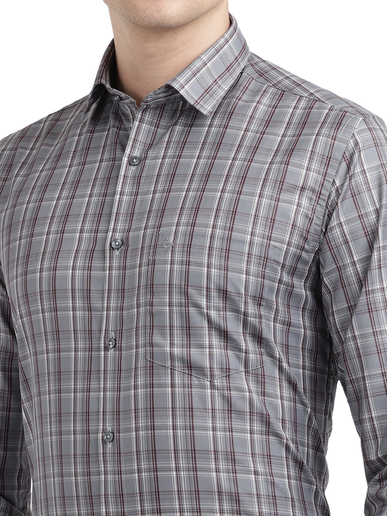 Model wearing Clarke Gable's Silver Grey Checked Formal Shirt in a casual setting