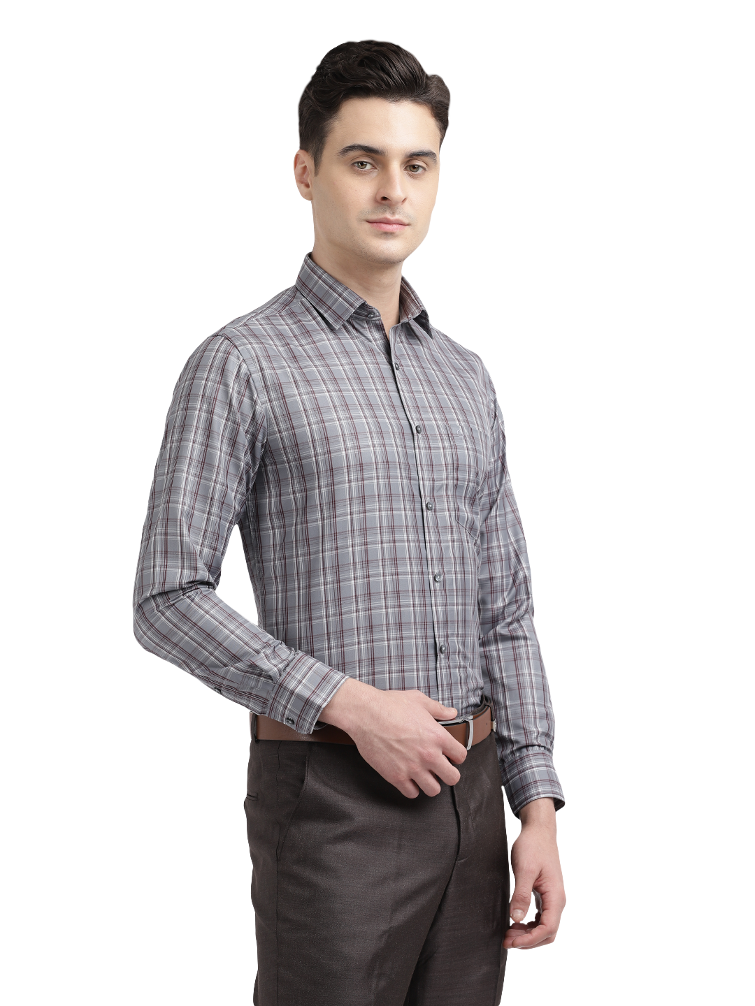 Model wearing Clarke Gable's Silver Grey Checked Formal Shirt in a casual setting