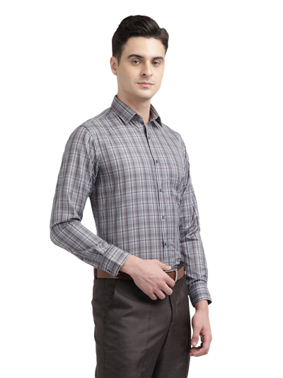 Model wearing Clarke Gable's Silver Grey Checked Formal Shirt in a casual setting