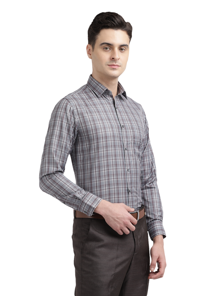 Model wearing Clarke Gable's Silver Grey Checked Formal Shirt in a casual setting