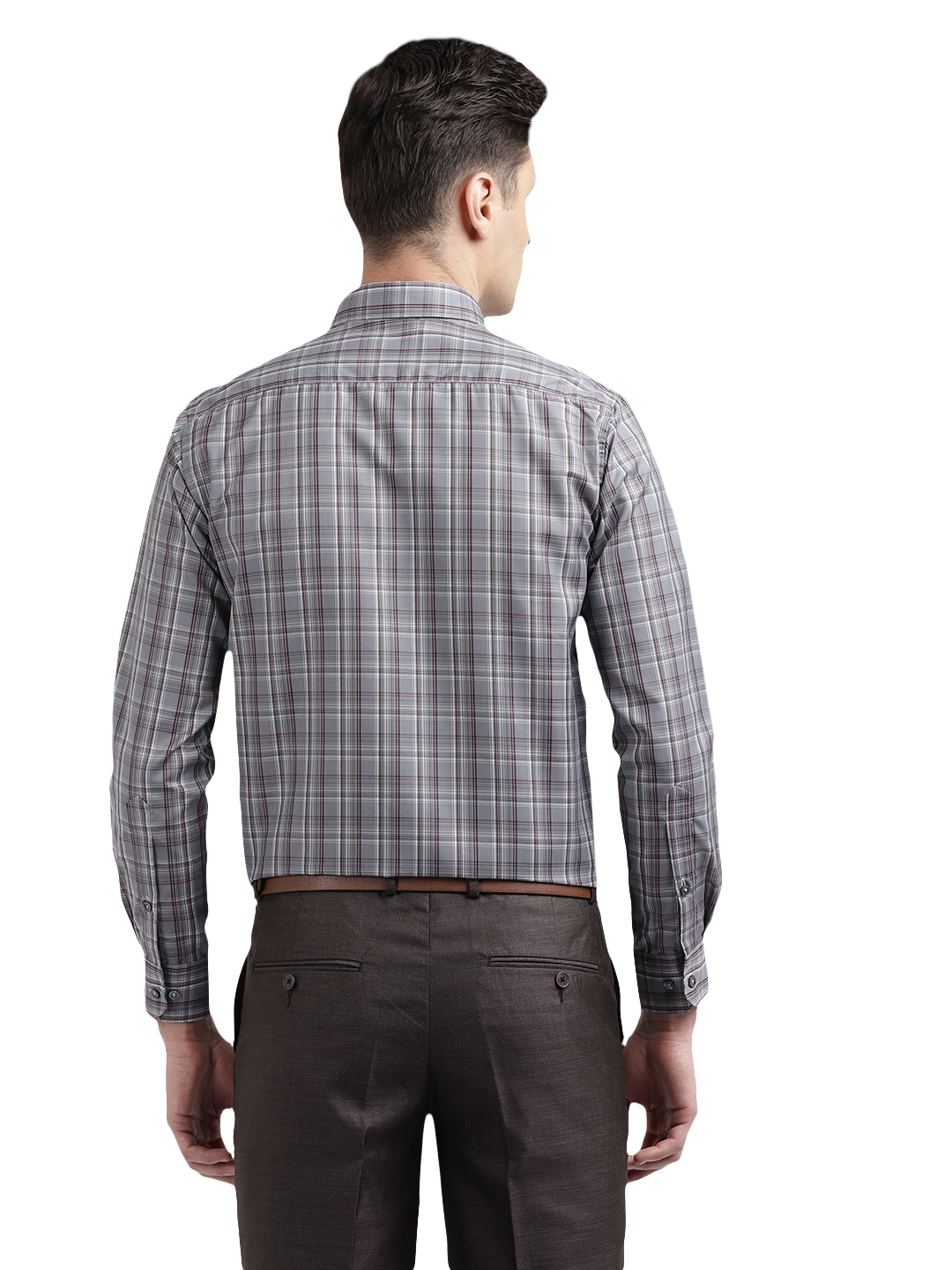 Model wearing Clarke Gable's Silver Grey Checked Formal Shirt in a casual setting