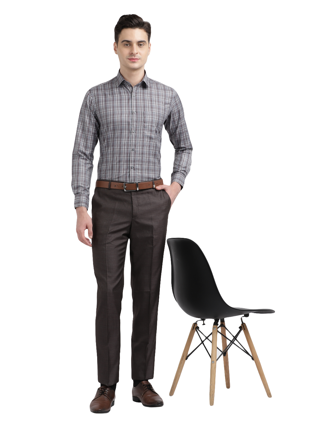 Model wearing Clarke Gable's Silver Grey Checked Formal Shirt in a casual setting