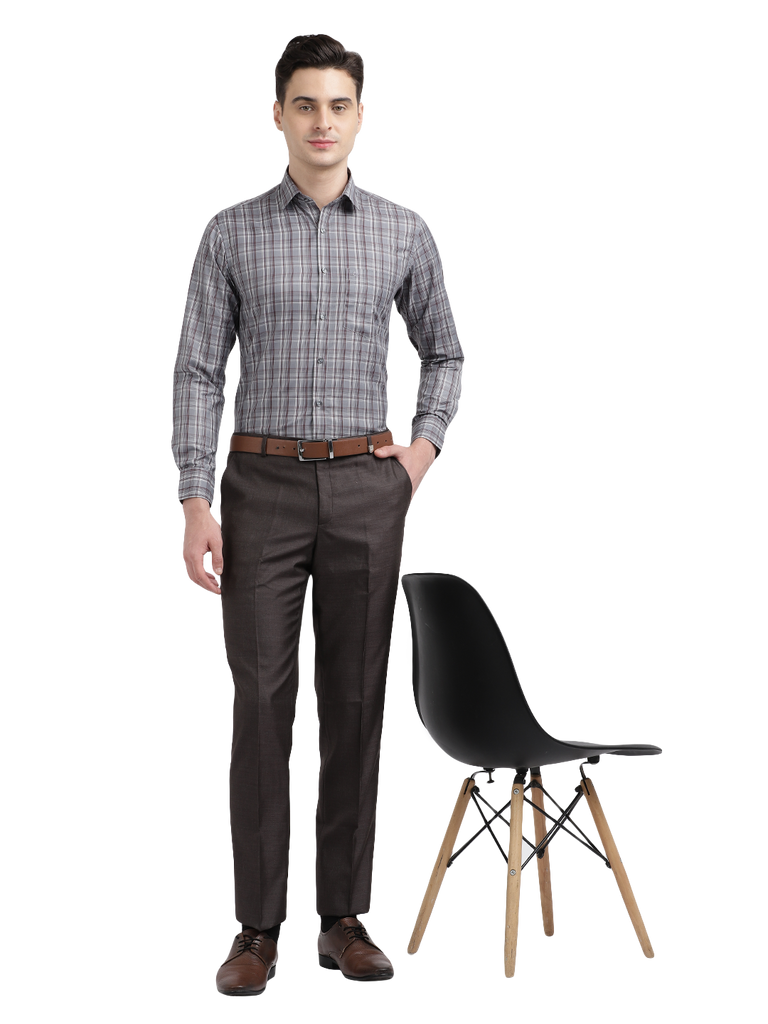 Model wearing Clarke Gable's Silver Grey Checked Formal Shirt in a casual setting