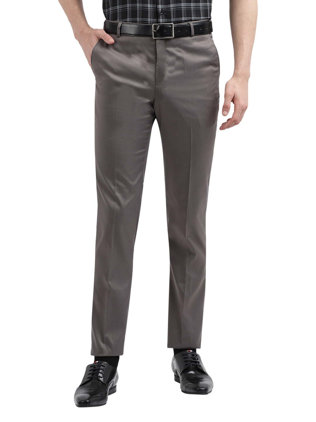 Model wearing Clarke Gable's Silver Grey Sharp Fit Trousers in a casual setting