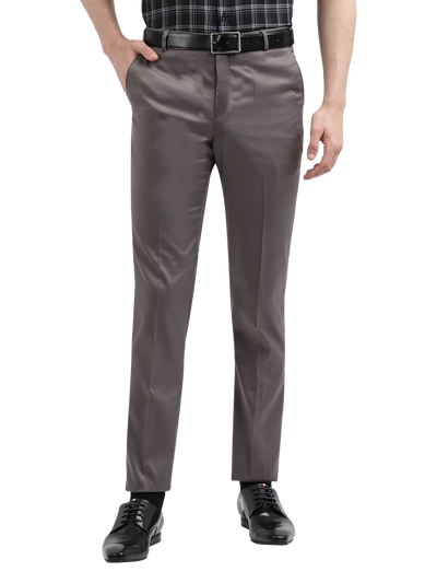 Model wearing Clarke Gable's Silver Grey Sharp Fit Trousers in a casual setting