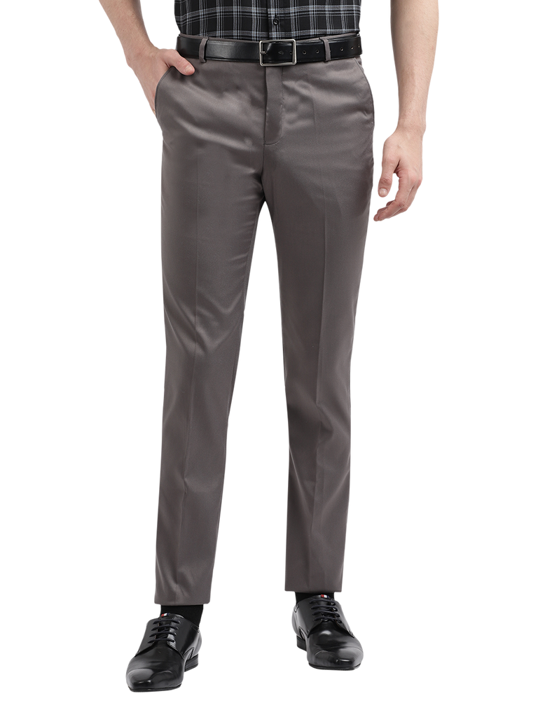 Model wearing Clarke Gable's Silver Grey Sharp Fit Trousers in a casual setting