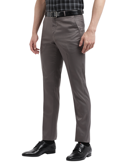 Model wearing Clarke Gable's Silver Grey Sharp Fit Trousers in a casual setting
